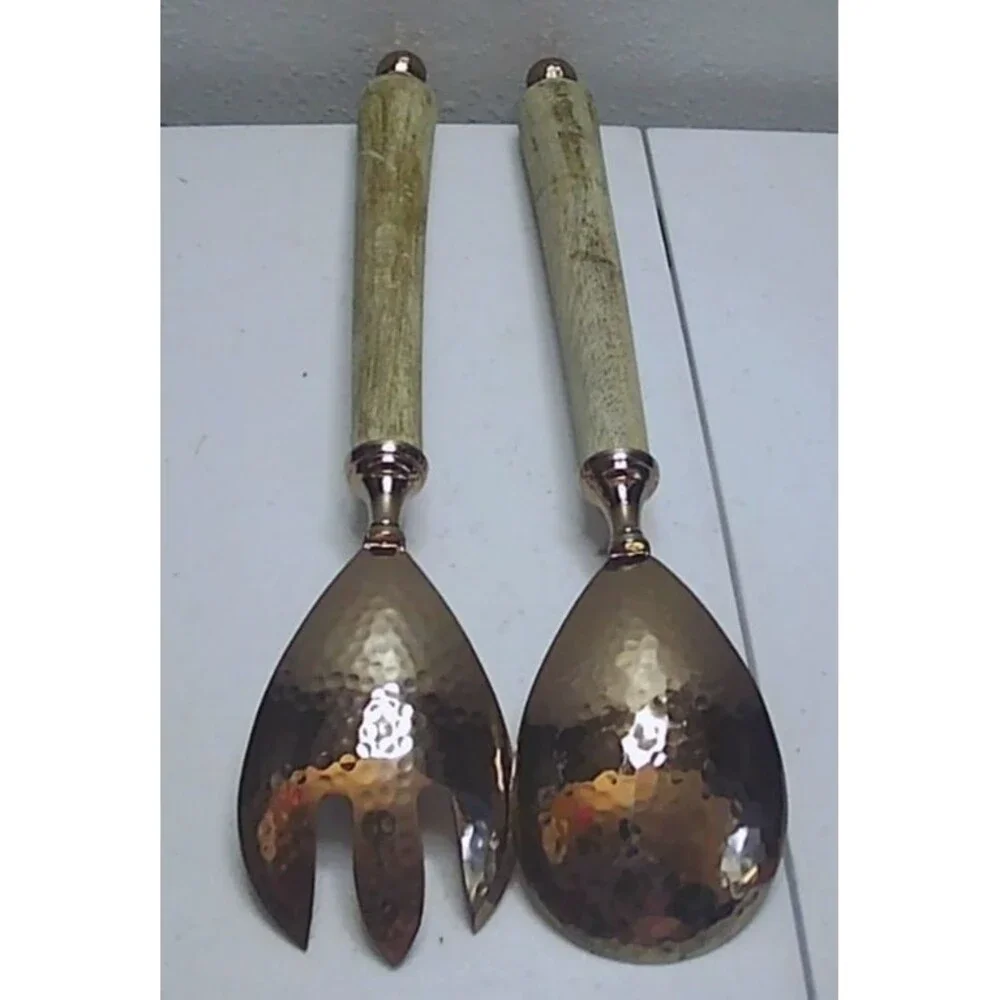 Vtg Salad Server Set Hammered Plated Copper, Wood Handles MCM 13.25